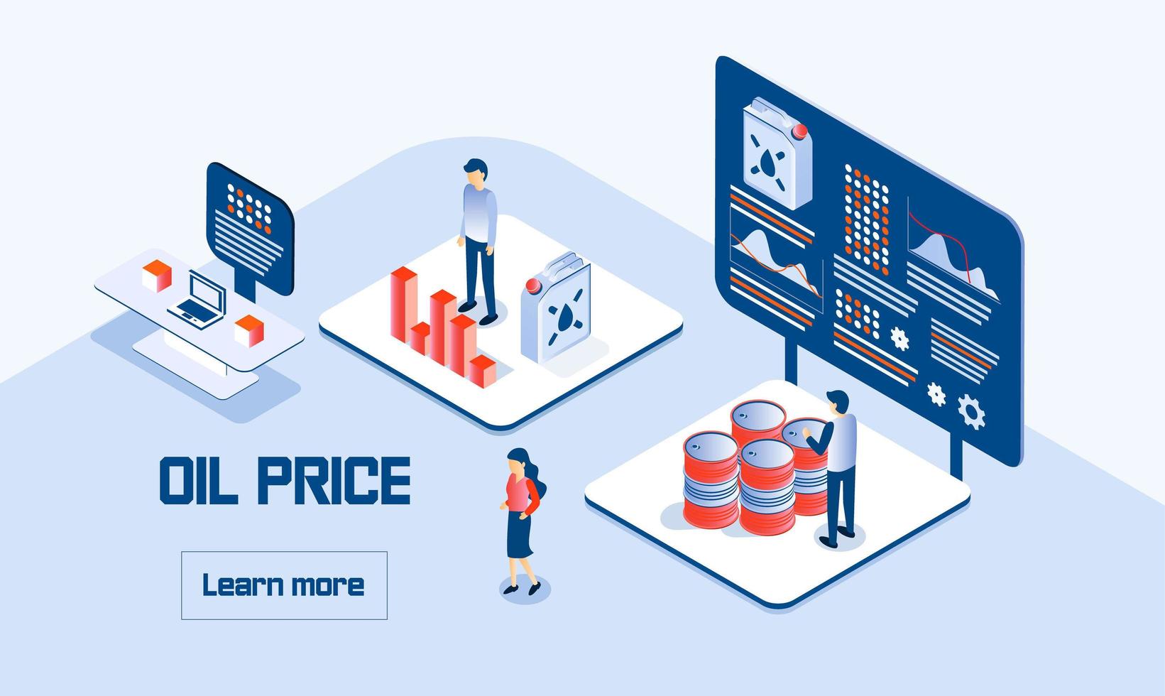 Oil price concept vector in isometric style. Petroleum stock market crisis or profit. Tiny businessmen are selling or buying oil in a panic. Oil tanks, barrels