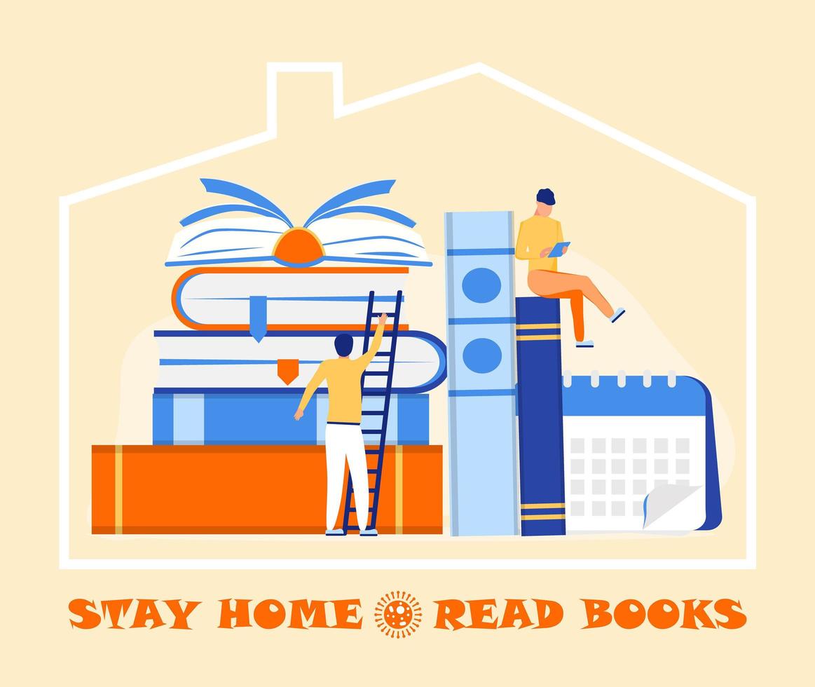 Coronavirus prevention concept vector. Tiny people are reading a book and asking that everybody stays at home. Social campaign and support people in self-isolation. Online library, learning vector