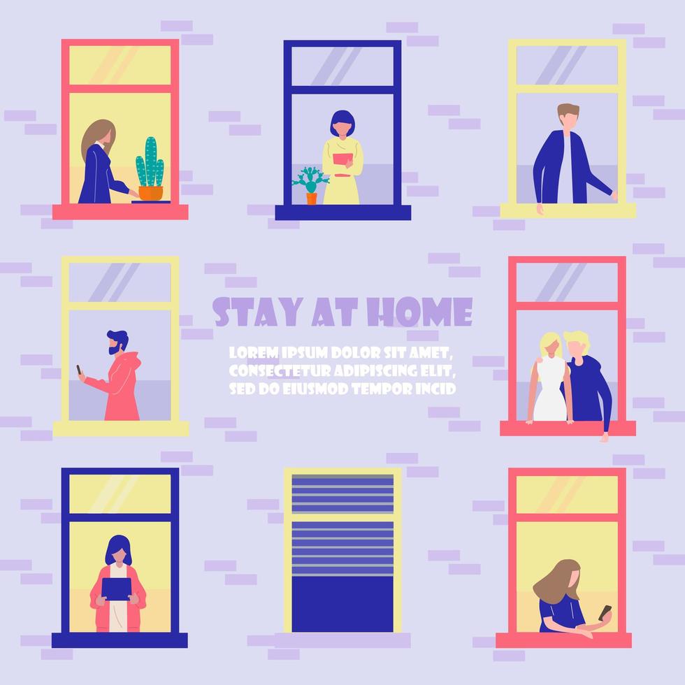 Stay home concept. House facade with windows of apartments. Neighbors are doing daily things. People are drinking tea, talking. Social campaign and support people vector