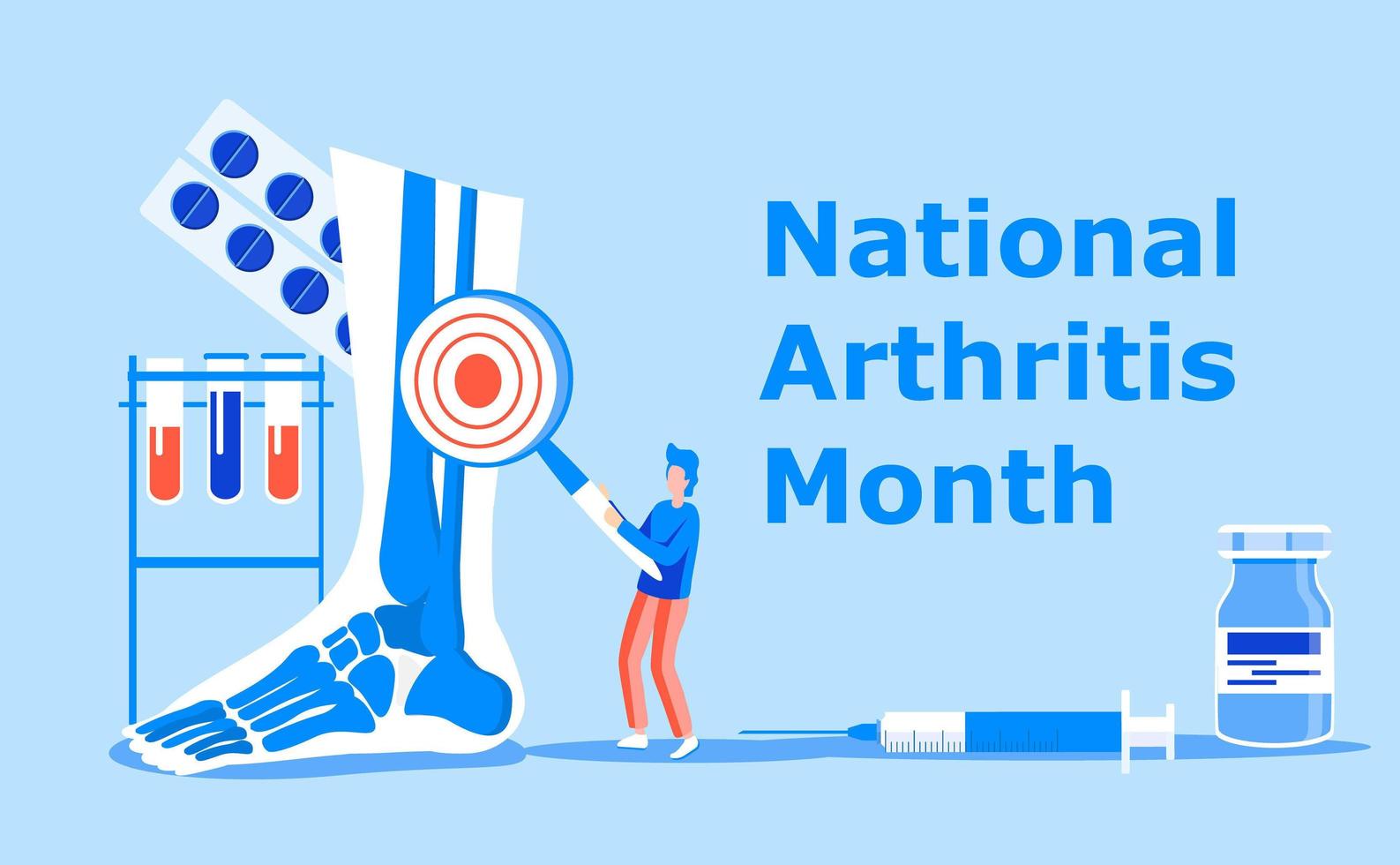 National arthritis month is celebrated in May in USA. Blue ribbon sign. Rheumatism, osteoarthritis problems. Healthcare flat concept vector on the blue background for banner