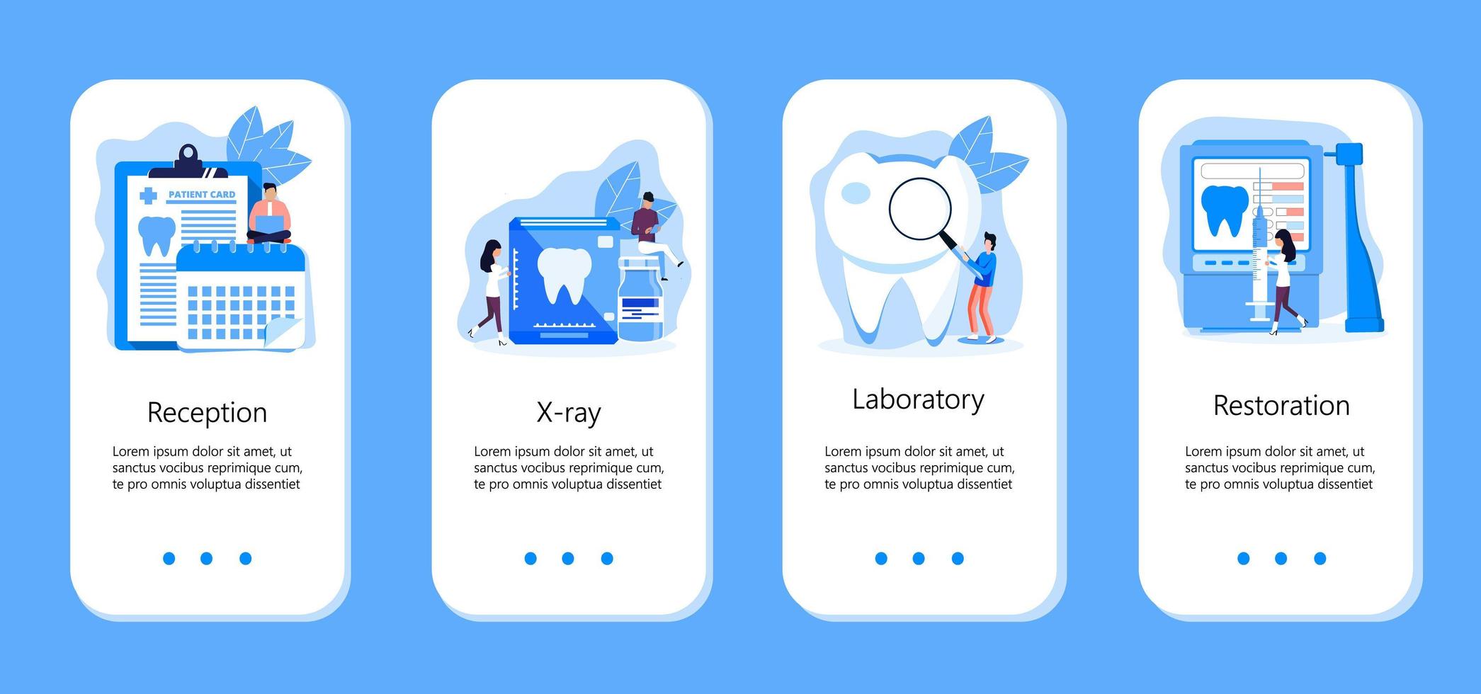 Tiny dentists make x-ray scan of teeth. Whiten enamel or recovery implant concept. Professionals treat illness tooth. Dental services vector concept for app