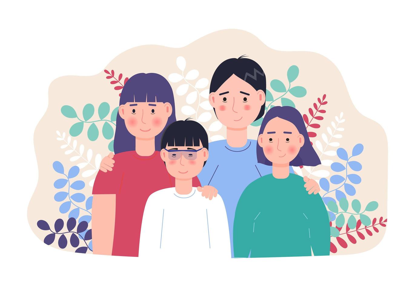 Happy family concept vector. Mother and farther, son and daughter with on botanic, leave background. National foster care month, family day, week vector