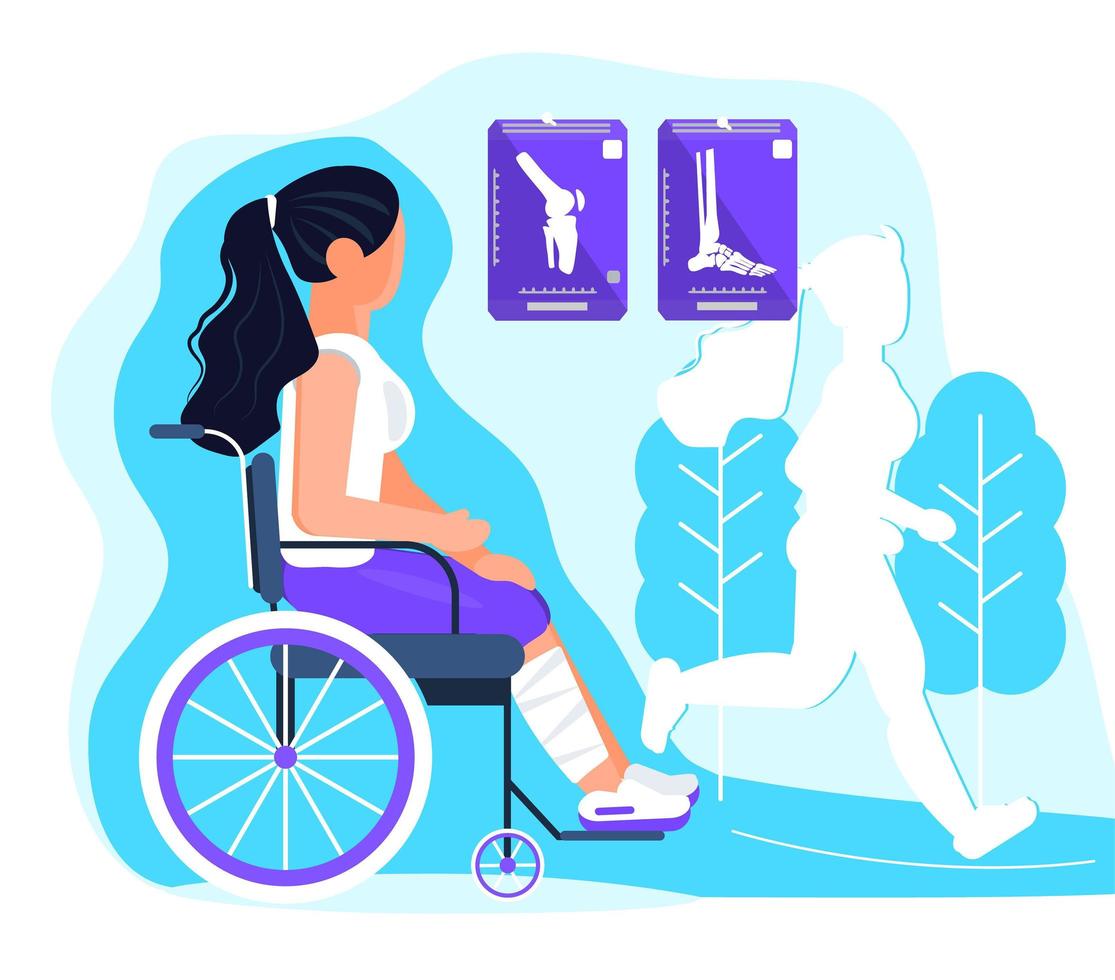 Disabled girl with broken leg. Sport trauma concept vector. Woman in a wheelchair and dreaming about workout, competition. Social workers, rehabilitation vector