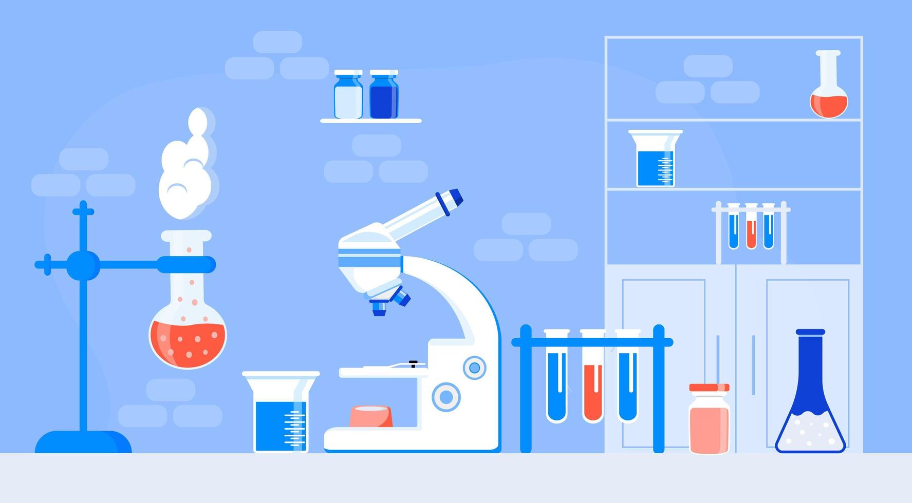 Chemical laboratory with desk, tubes, microscope. Scientists workplace concept vector. Education of chemistry, microbiology experiment, research lab vector illustration