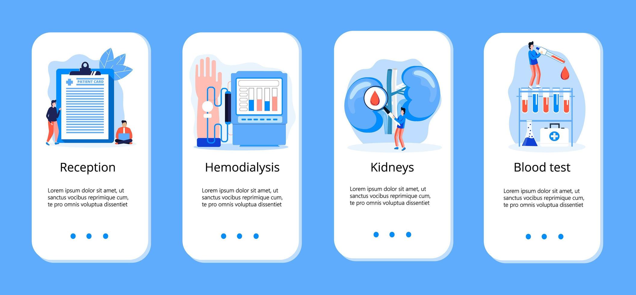Pyelonephritis, concept of cystitis are shown. Urolithiasis, nephroptosis, renal failure, hemodialysis are shown for medical blue templates of apps. doctors treat kidneys. vector