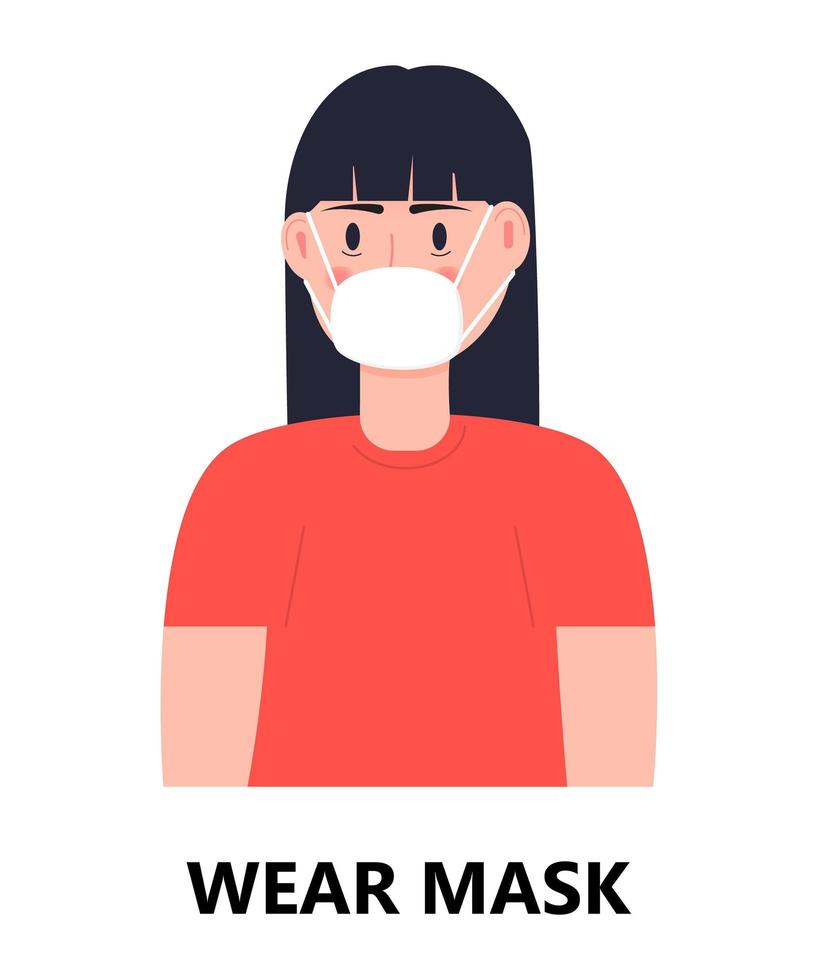 Wear mask icon vector. Flu, cold, coronavirus prevention is shown. Woman is putting medical mask. Infected person illustration. Respiratory disease vector