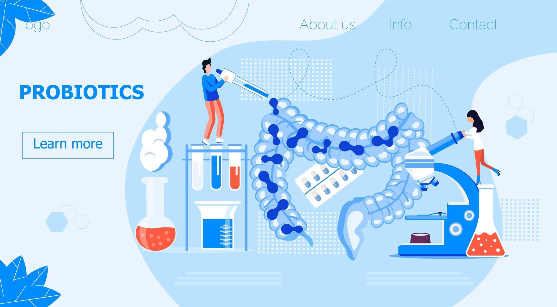 las personas diminutas dan bacterias probióticas intestinales, lactobacillus. página de inicio de atención médica, vector de concepto de soporte de inmunidad para banner horizontal, afiche, volante, sitio web. símbolo de leche útil