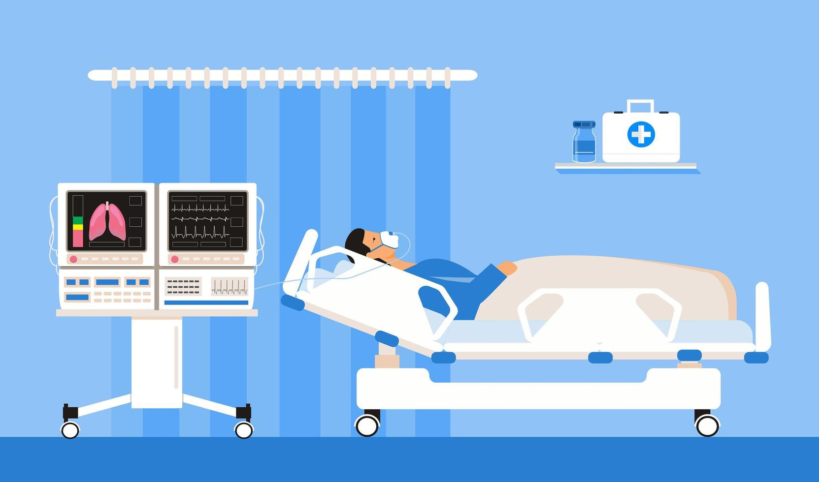 equipo de reanimación para pacientes inconscientes. clínica de unidad de cuidados intensivos con sensor de oxígeno de aire para ventilación médica. tratamiento del paciente con vector de concepto de coronavirus.