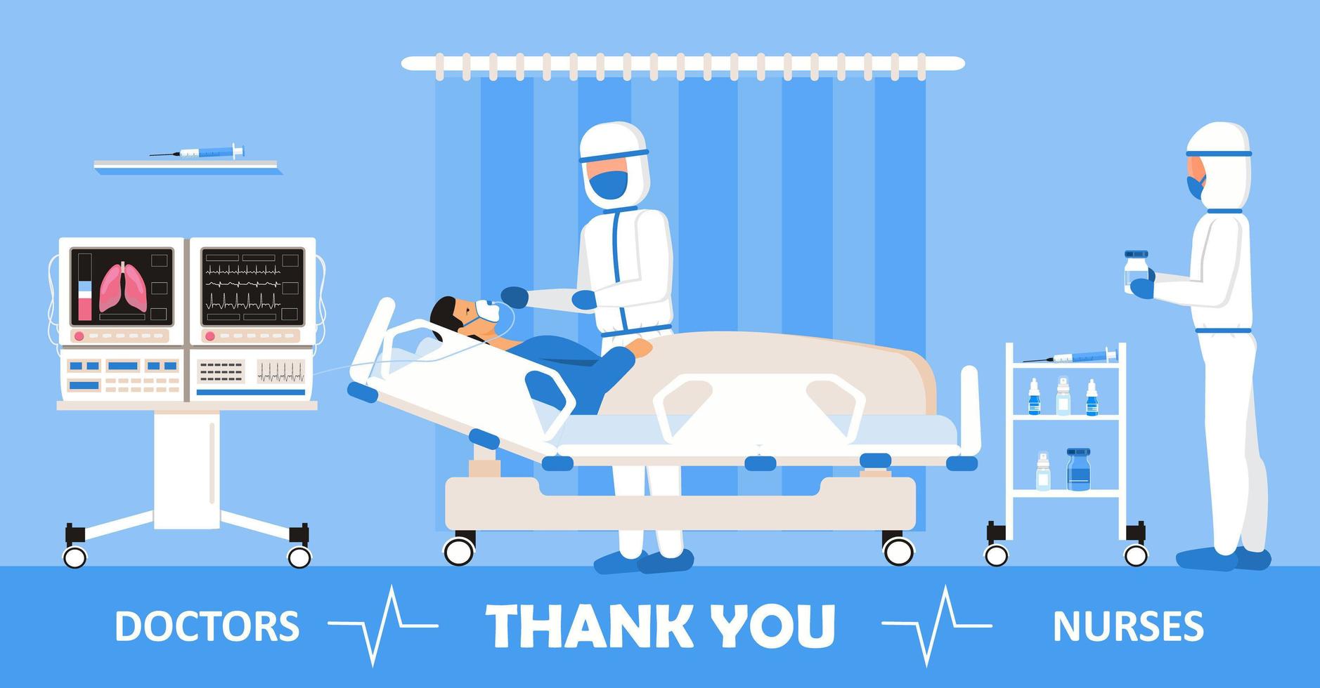 gracias doctores y enfermeras que trabajan en los hospitales. La clínica de la unidad de cuidados intensivos con sensor de oxígeno en el aire se muestra en el fondo. gracias a los médicos por luchar contra el coronavirus. vector