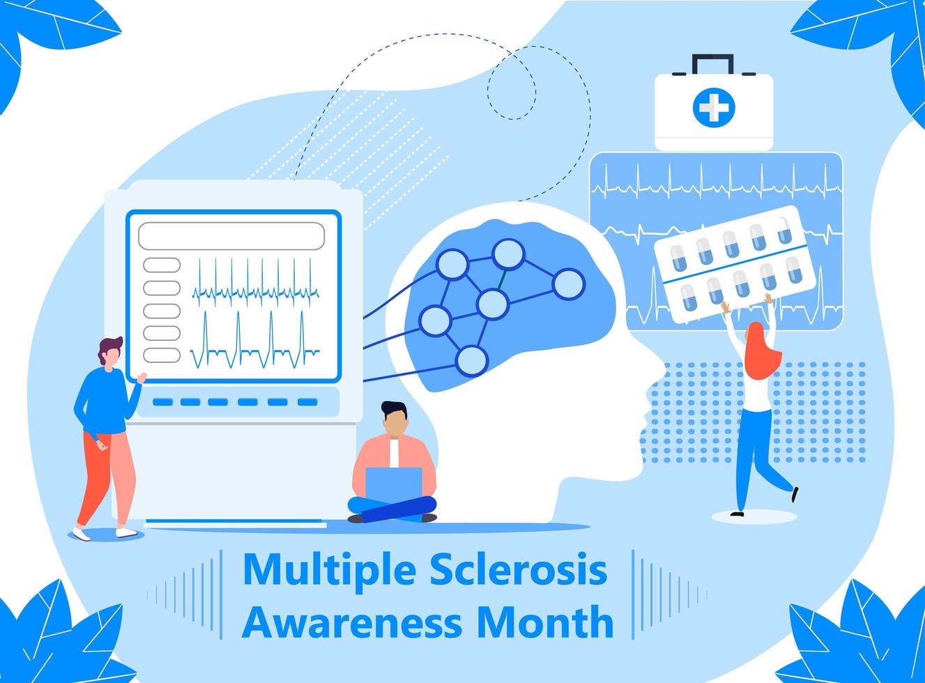 Multiple sclerosis awareness month event in March. Anatomical science of brain and senses diseases for website. Tiny doctors treat sclerotic. vector
