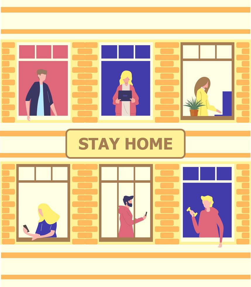 Stay home concept. House facade with windows of apartments. Neighbors are doing daily things. People are drinking tea, talking. Social campaign and support people vector