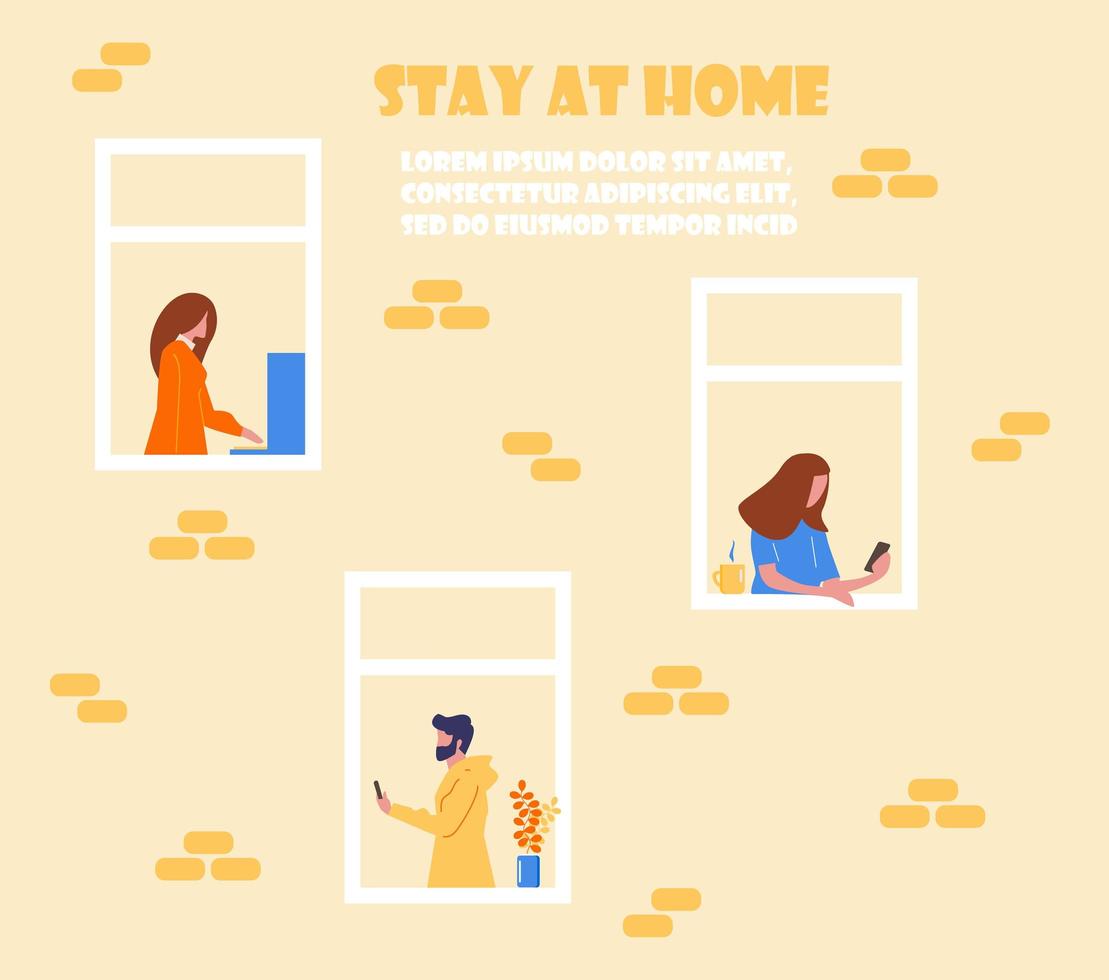 Stay home concept. House facade with windows of apartments. Neighbors are doing daily things. People are drinking tea, talking. Social campaign and support people vector