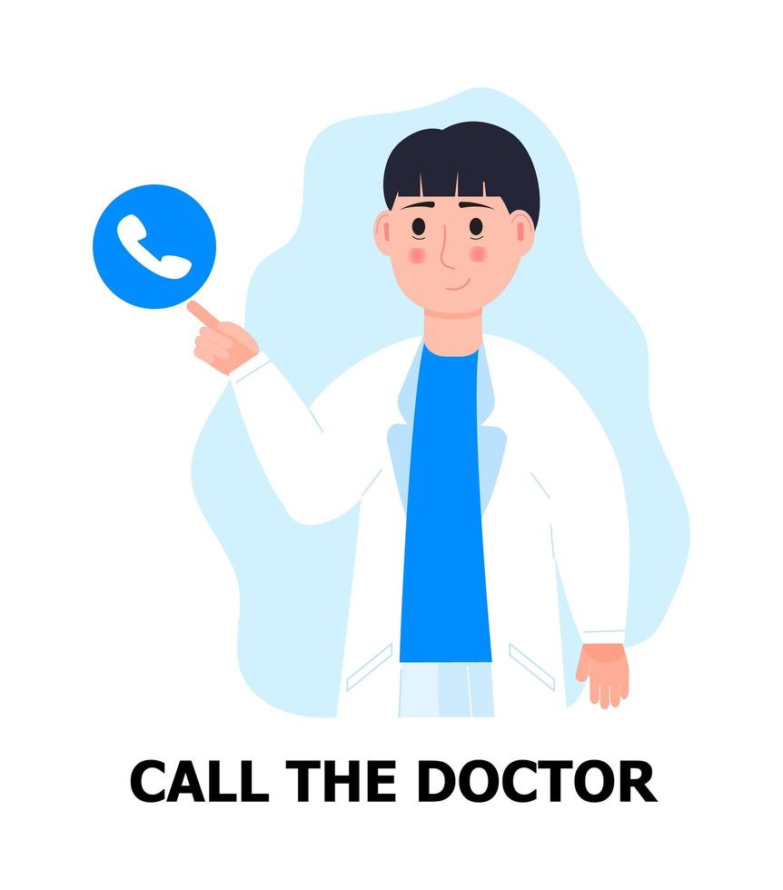 Call the doctor vector. Doctor in white is indexing on telephone icon. First aid illustration for patient. medical banner. vector