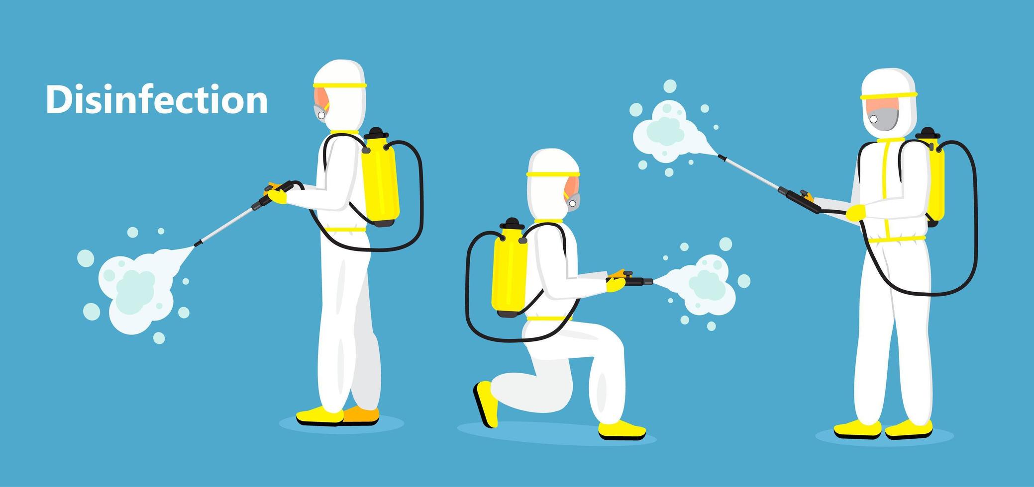 Disinfectant worker is wearing protective mask and suit. Man is carrying gas cylinder for disinfection of area. Toxic and chemicals protection vector. Spraying of antiseptic or sanitize vector