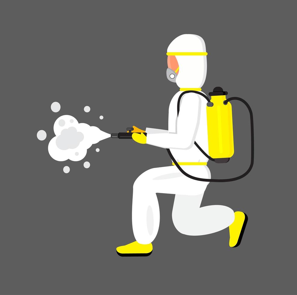 Disinfectant worker is wearing protective mask and suit. Man is carrying gas cylinder for disinfection of area. Toxic and chemicals protection vector. Spraying of antiseptic vector