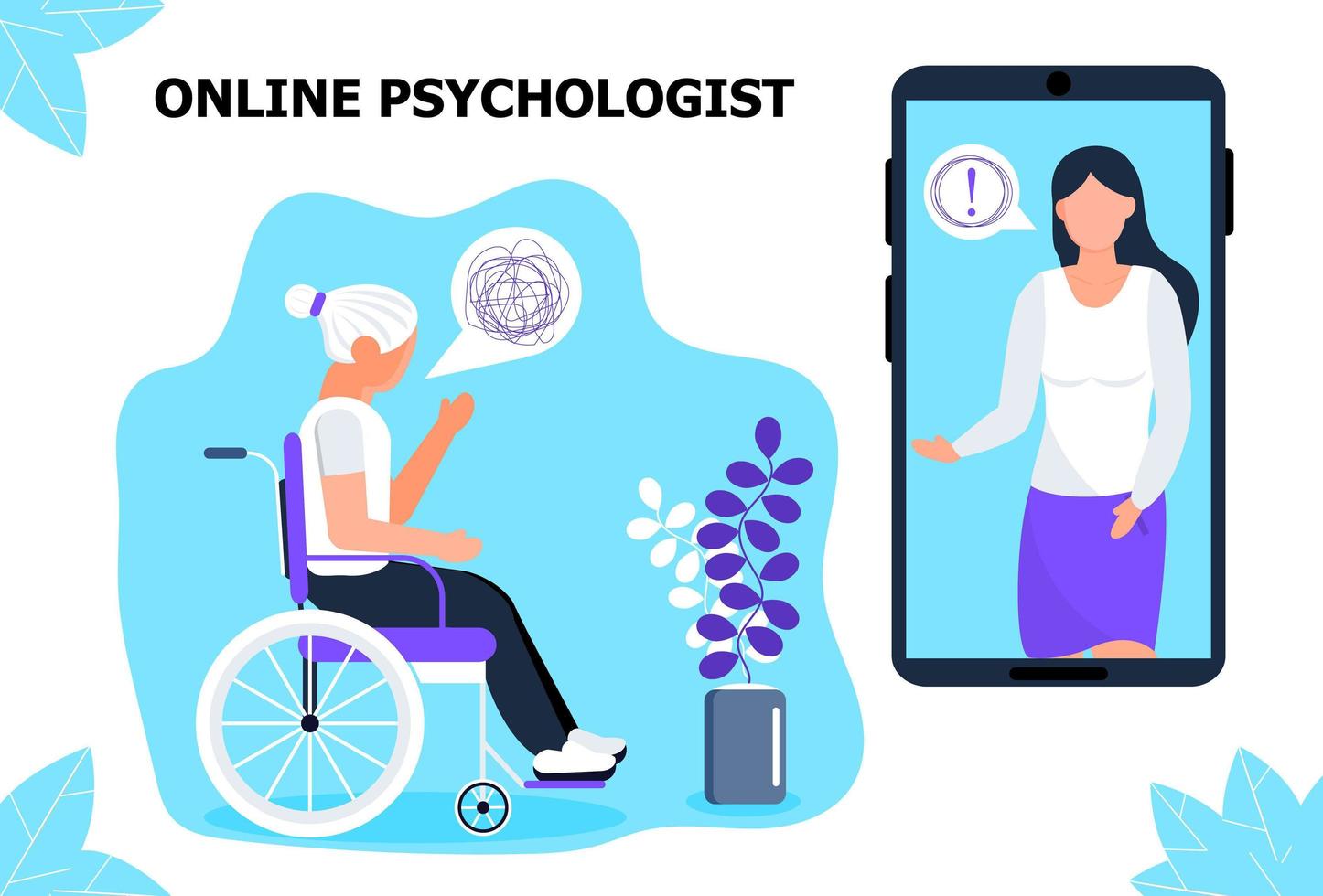 Online psychologist concept vector. Senior disable woman receive professional psychology consultation. Depression, sadness, mental health illustration in flat style. Medical, online, help service vector