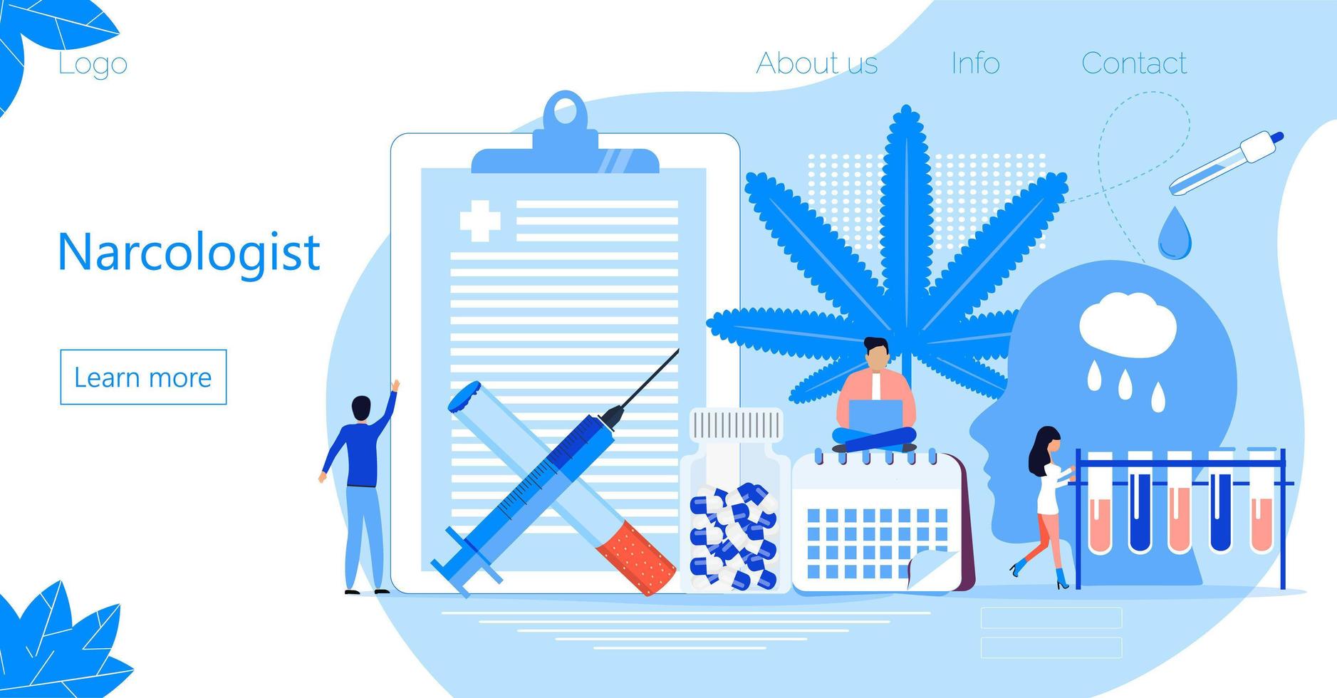 Narcology concept vector for landing page. Tiny narcologist doctors treat human against drug, tobacco addiction. Psychiatrists helps patient, mental health