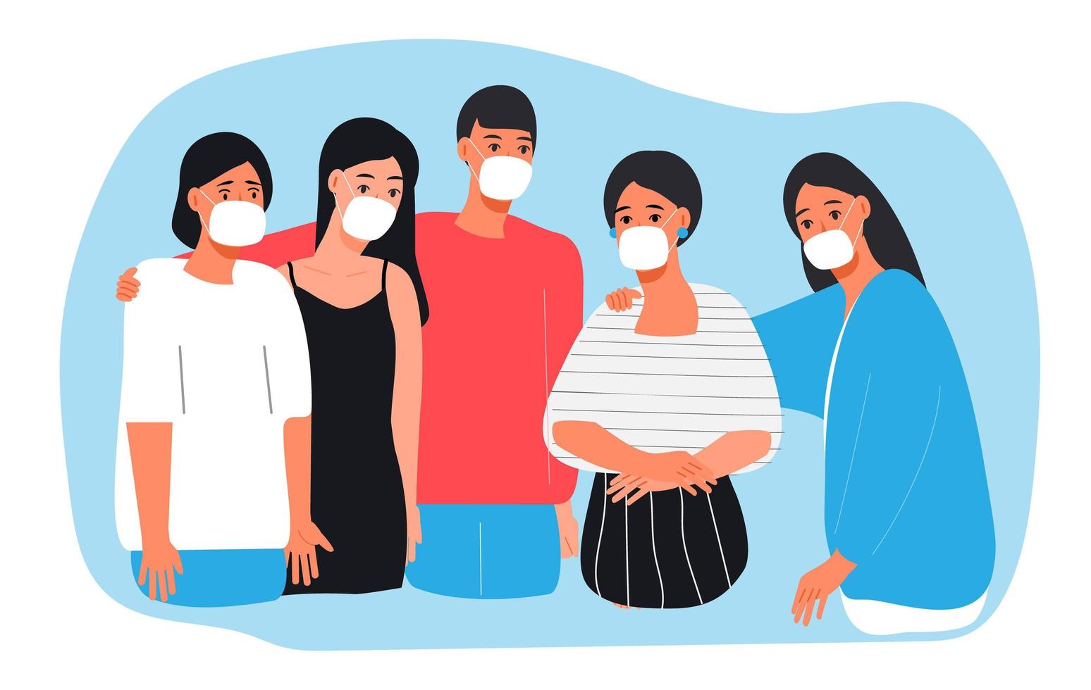 People are wearing surgical mask. Five friends support each other and ask to put medical mask to prevent of virus vector