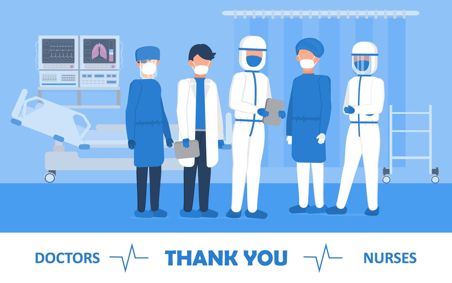 gracias doctores y enfermeras que trabajan en los hospitales. La clínica de la unidad de cuidados intensivos con sensor de oxígeno en el aire se muestra en el fondo. gracias a los médicos por luchar contra el coronavirus. vector