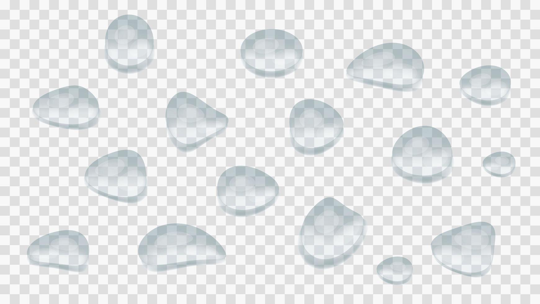 vector de gotas de agua aislado sobre fondo transparente. conjunto de gotas de burbujas cristalinas. Se muestran gotas de lluvia en 3d. superficie de condensación o vidrio empañado. toque de transparencia