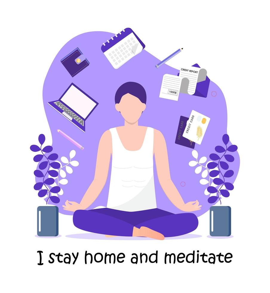 Coronavirus prevention concept vector. Man does different activities and ask to everybody stays at home. Social campaign and support people in self-isolation. vector