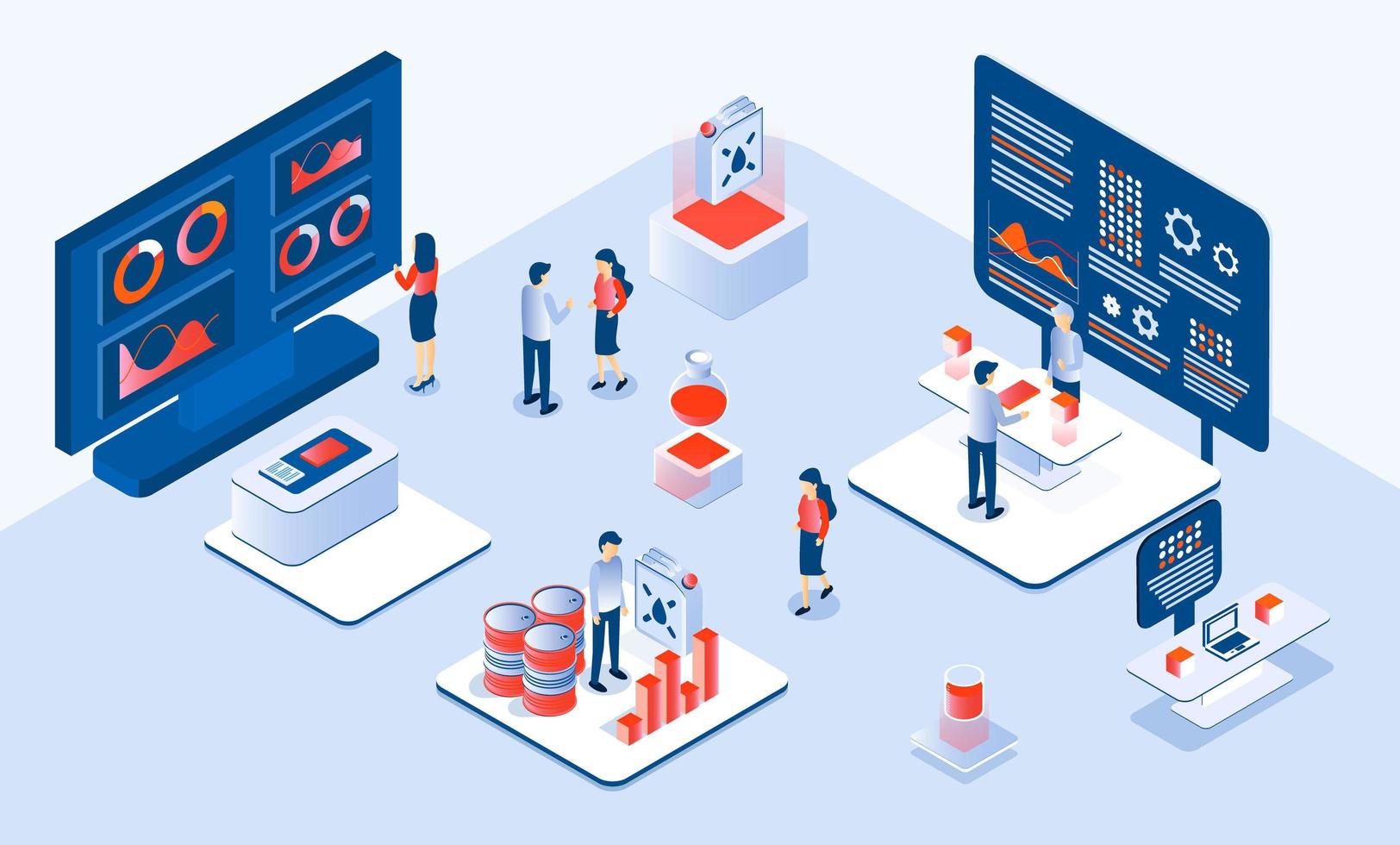 Oil price concept vector in isometric style. Petroleum stock market crisis or profit. Tiny businessmen are selling or buying oil in a panic. Oil tanks, barrels