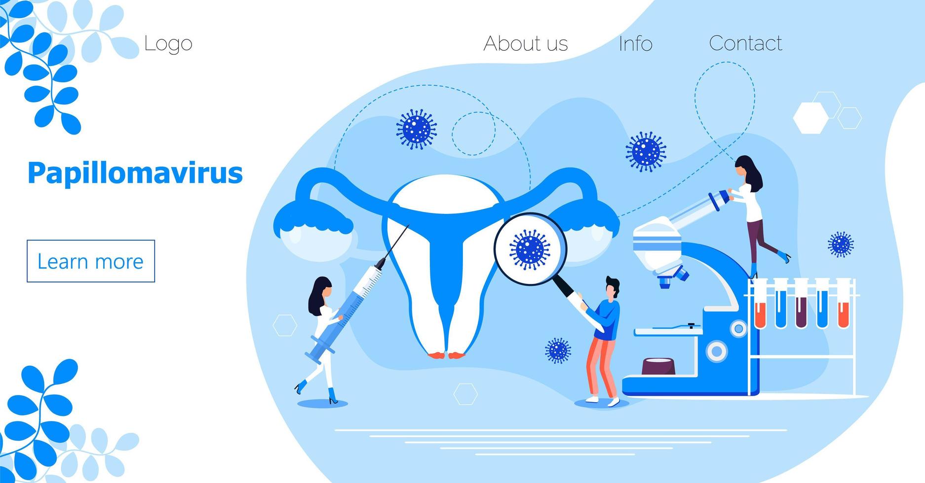Papillomavirus concept vector for homepage of medical website. HPV is reason of cervical cancer. Tiny doctors treat papilloma viru