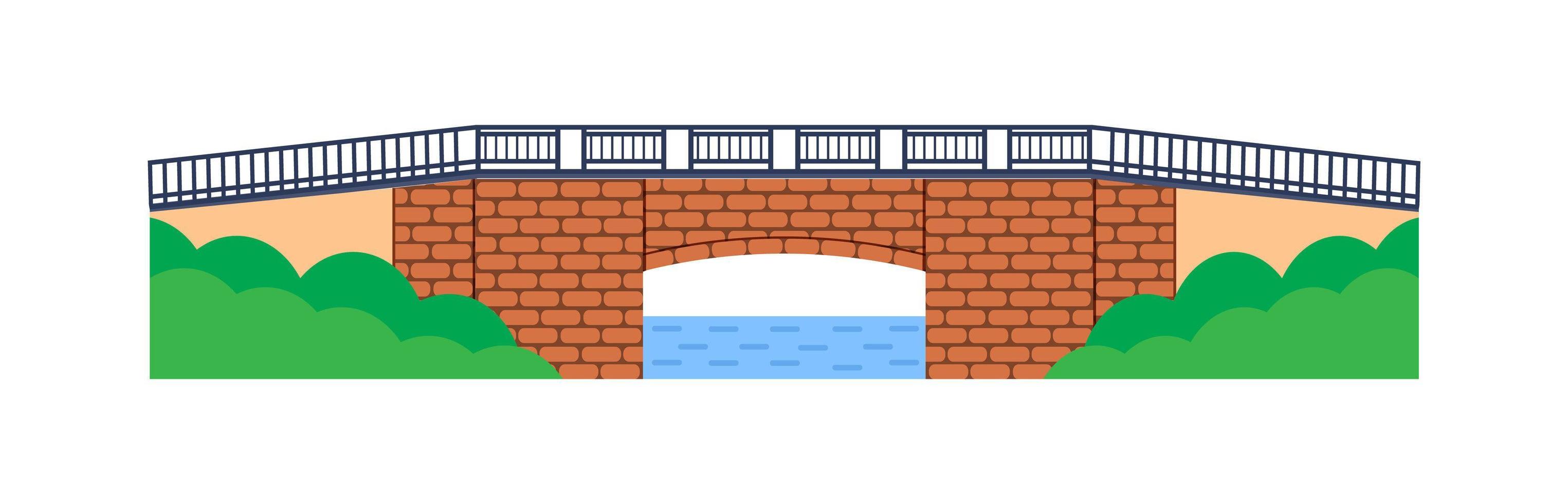 Stone bridge vector. City architecture element and bridge-construction across the river with carriageway isolated and lanterns on colourful landscape vector