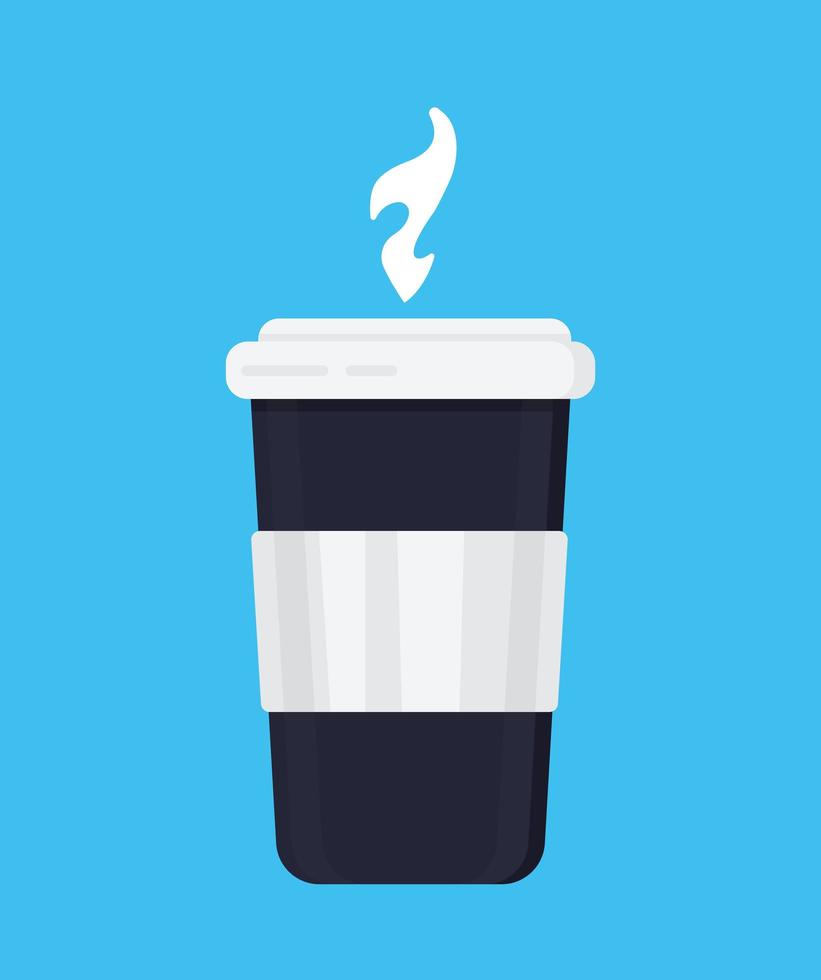 Disposable coffee cup icon vector on the blue background. Disposable plastic coffee cup with hot coffee flat style.