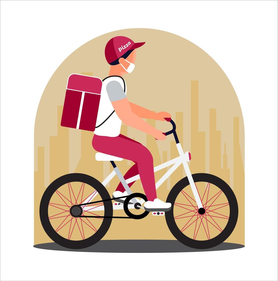 Safe, contactless delivery service door to door. Food delivery, online order concept vector for app. Man is riding bicycle with restaurant meal. Pizza courier is wearing mask.
