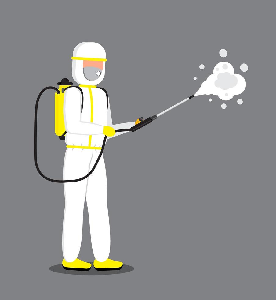Disinfectant worker is wearing protective mask and suit. Man is carrying gas cylinder for disinfection of area. Toxic and chemicals protection vector. Spraying of antiseptic or sanitize vector