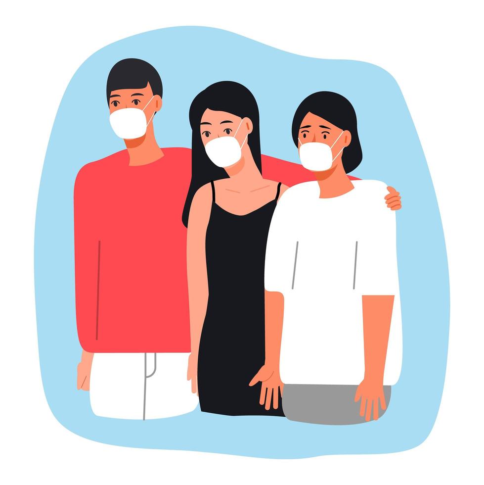 People are wearing surgical mask. Friends or family support each other and ask to put medical mask to prevent of virus vector