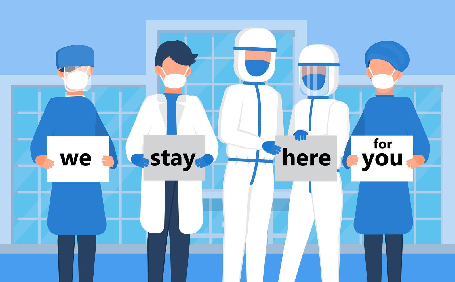equipo médico con máscara médica y pancarta nos quedamos aquí para usted. campaña de distancia social para prevenir la propagación del brote de coronavirus. vector de cuarentena y autoaislamiento.