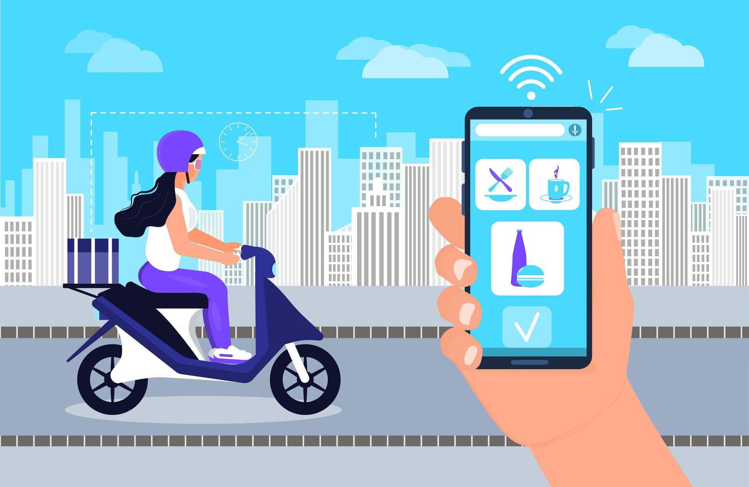 Food delivery concept vector. Screen of smartphone with tracking app. Delivery woman is driving motorbike with a fresh meal. Restaurant food order online vector