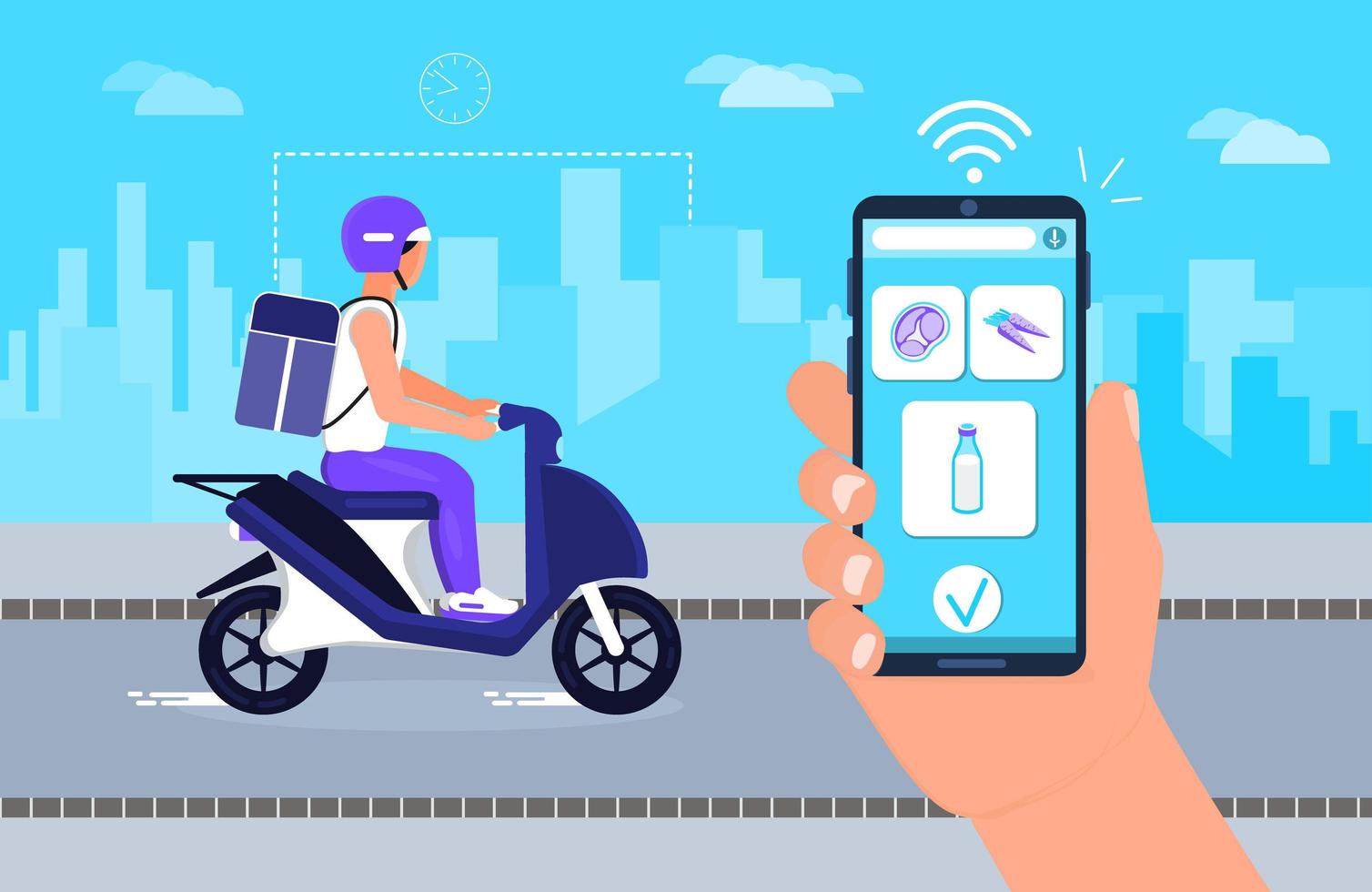 Food delivery concept vector. Screen of smartphone with tracking app. Delivery man is driving motorbike with a fresh meal and vegetables, milk, meat. Supermarket food order online vector