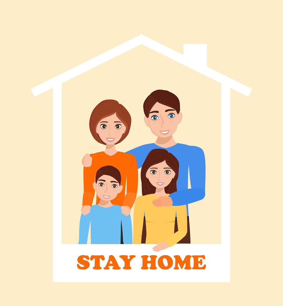 Smiling family is standing together near window and asking that everybody stays at home. Social campaign and support people in self-isolation. Coronavirus prevention vector. vector