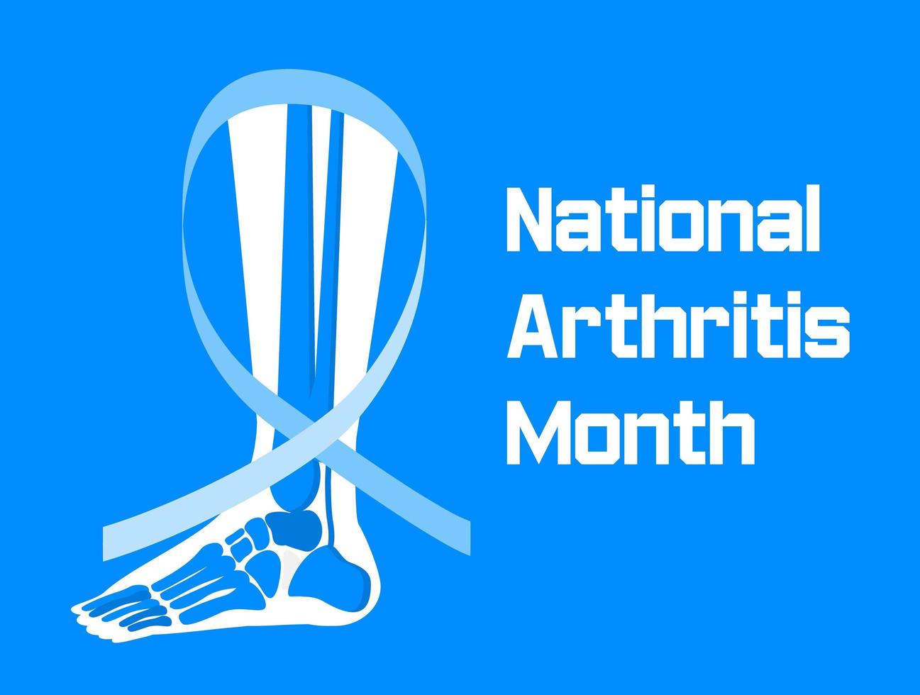 National arthritis month is celebrated in May in USA. Blue ribbon sign. Rheumatism, osteoarthritis problems. Healthcare flat concept vector on the blue background for banner