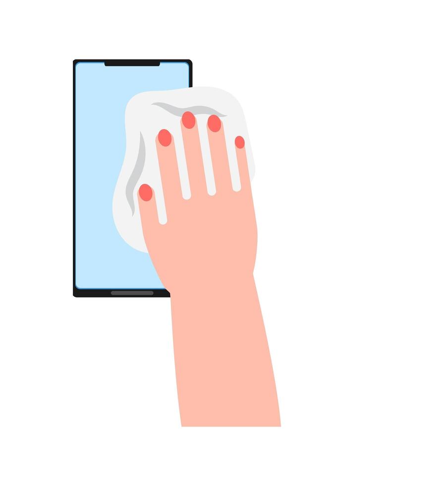 Smartphone cleaning icon vector. Hand is wiping screen of phone. Antibacterial wet wipe is helping to prevention virus spreading vector