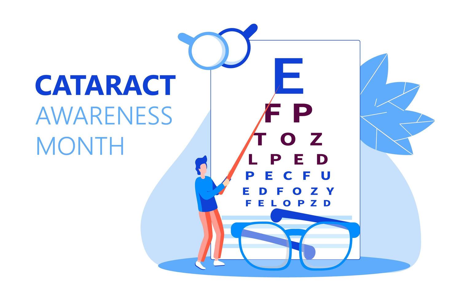 Cataract awareness month is celebrated in June. Glaucoma disease and nephropathy problems. Ophthalmologist concept illustration. Eyesight check up with tiny people character for web. vector