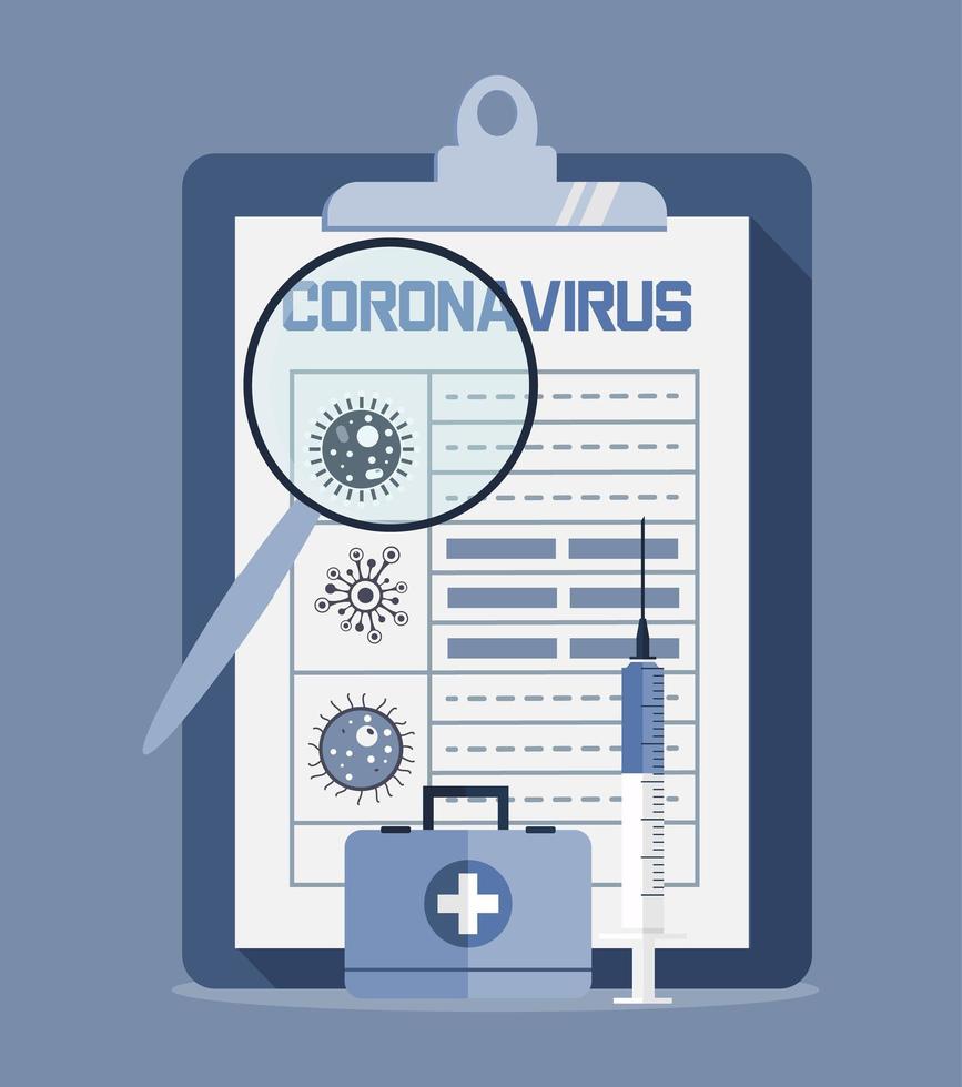 Coronavirus concept vector. Syringe with vaccine, medical bag, vaccination calendar. Health care vector illustration for website