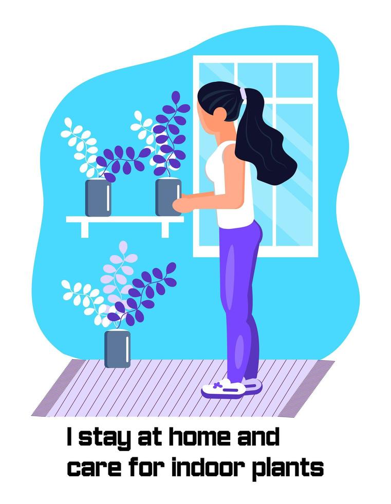 Coronavirus prevention concept vector. Girl enjoys care houseplants and asks that everybody stays at home. Social campaign and support people vector