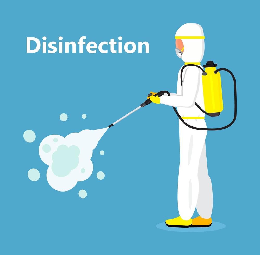 Disinfectant worker is wearing protective mask and suit. Man is carrying gas cylinder for disinfection of area. Toxic and chemicals protection vector. Spraying of antiseptic or sanitize vector