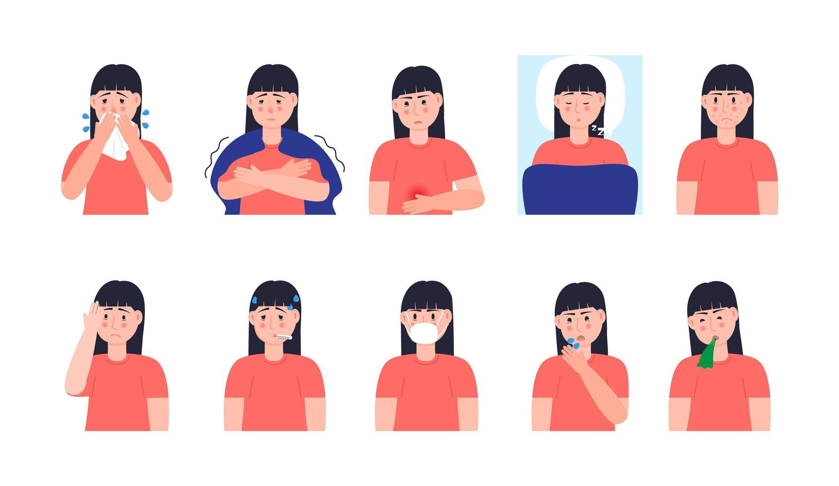 Sick girl coughing, sneezing. Set character vector of cold, flu, sore throat, measles. Illustrations of fever, allergy, headache, vomiting are isolated on white background