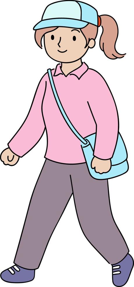 Woman Walking with Hat and Side Backpack vector