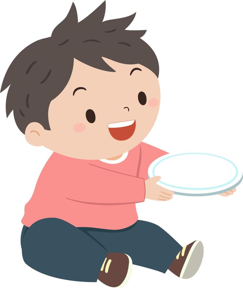 Boy Holding a Plate in Hand and Sitting vector