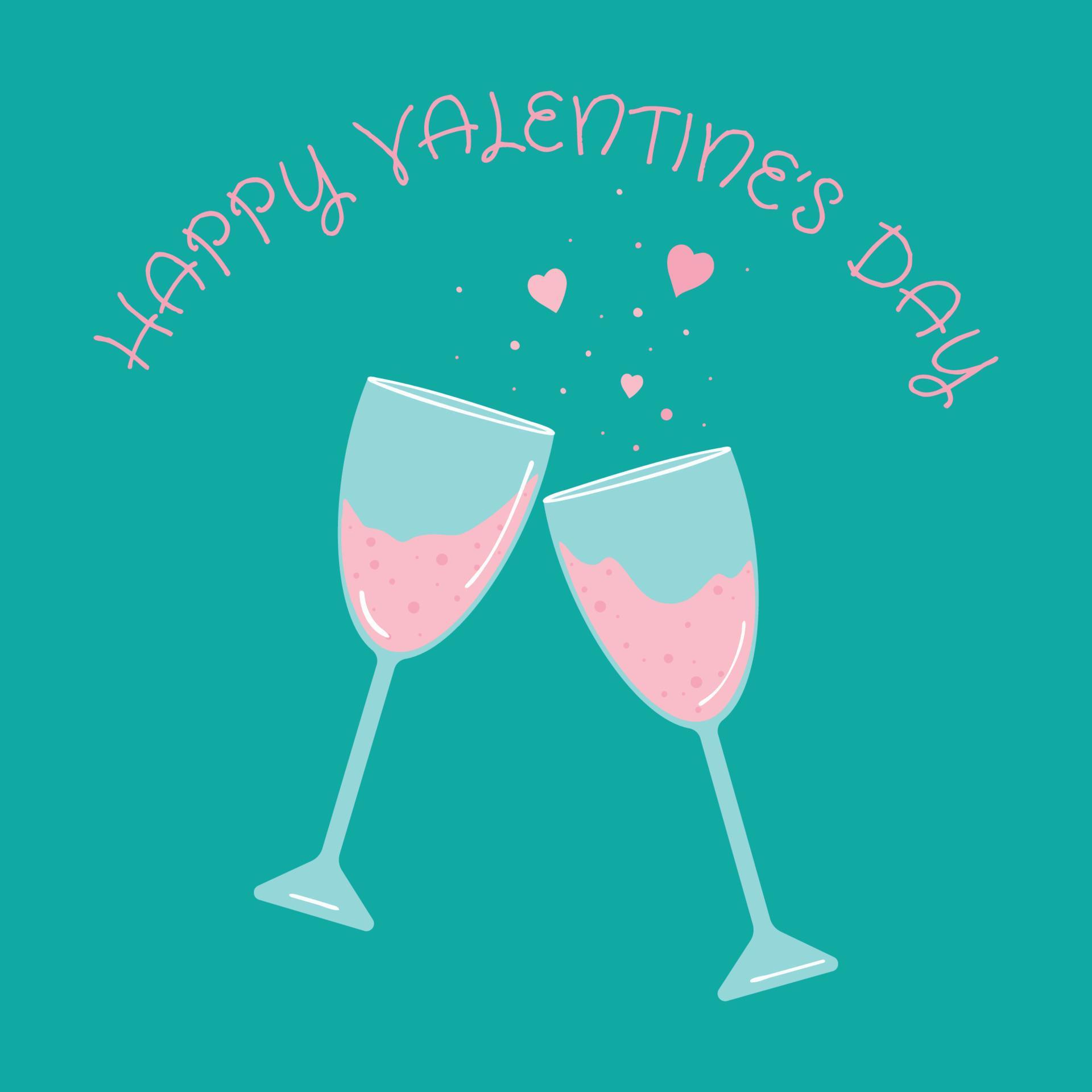 Happy Valentine’s Day card with lettering and two sparkling glasses of