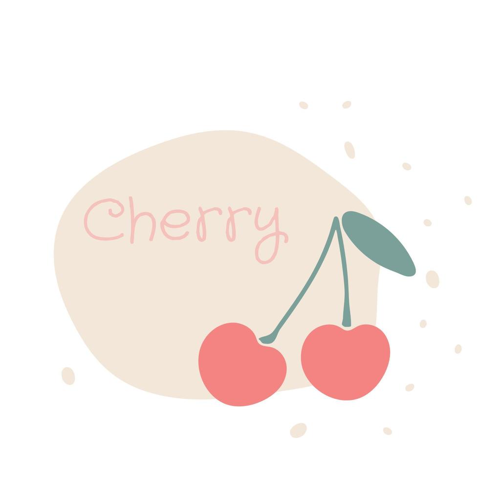 Flat cherry hand drawn vector illustration. Ripe fruit, juicy organic food abstract drawing isolated on pastel beige background. Trendy home decor. Modern color print