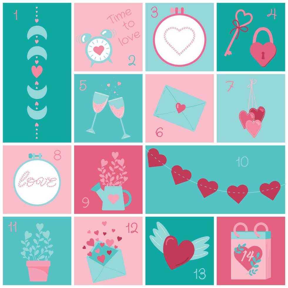 Advent calendar Valentine's Day. The 14th of February. Set of Happy Valentine's Day elements. vector