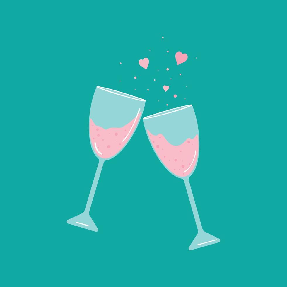 Happy Valentine's Day card with two sparkling glasses of champagne. Holidays typography. Vector illustration.