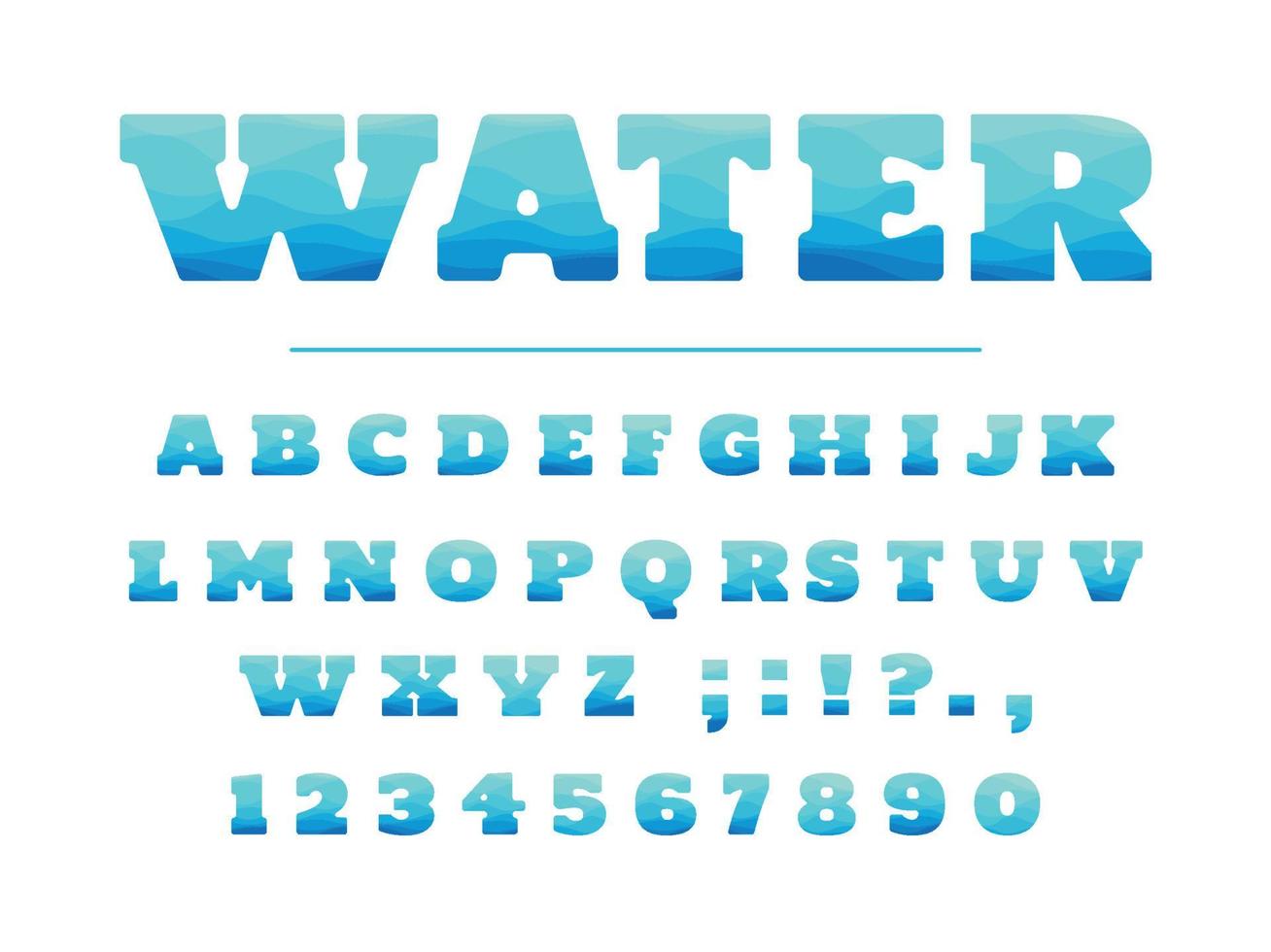Modern vibrant font. Stylized letters and numbers. For brochure header, poster, flyer design. Water vector